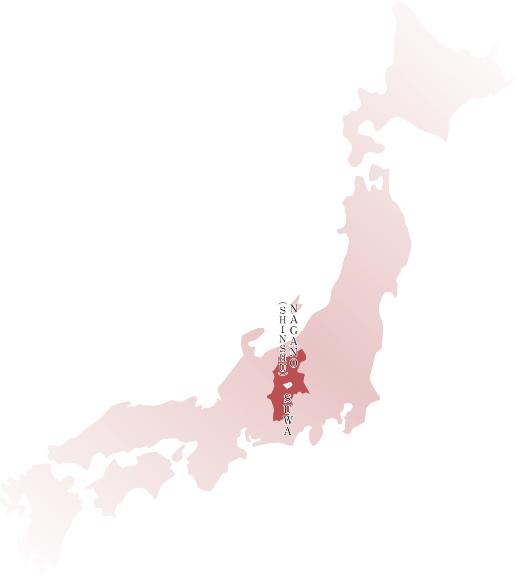 日本地図の中央に「NAGANO(SHINSHU) SUWA」と縦に並んだテキストが配置され、長野県の諏訪地域を示している