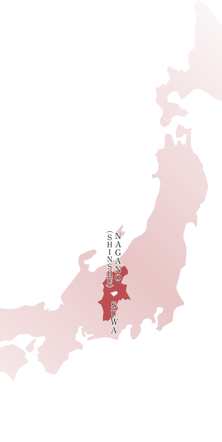 日本地図の中央に「NAGANO(SHINSHU) SUWA」と縦に並んだテキストが配置され、長野県の諏訪地域を示している